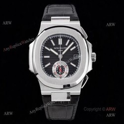 New Patek Philippe Nautilus 5980 Black Dial Black Leather Strap Swiss Made Replica Watch