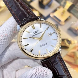 IWC Ingenieur Replica Watches Gold Case Black Leather Strap