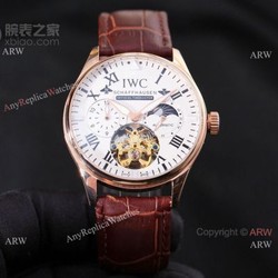 New IWC Schaffhausen Complications Men Watch White Dial Brown Leather Strap