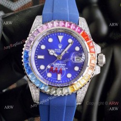 Top Replica Rolex Submariner Watch Rainbow Bezel Blue Rubber Strap