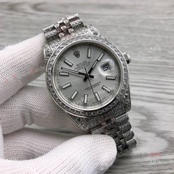 Iced Out Rolex Datejust ii 41 Silver Dial And Stick Markers Swiss 3255 Replica Watches