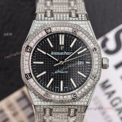 15400 Audemars Piguet Royal Oak 41mm Silver Iced Out Black Dial Copy Watch Swiss 3120