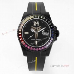 Swiss Replica Blaken Rolex Kobe Watch With Rainbow Diamond Bezel Rubber Strap Watch