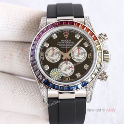 Swiss Replica Rolex Rainbow Daytona Black Face With Diamonds Oysterflex Strap Watch