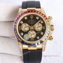 New Gold Rolex Daytona Rainbow Diamond Bezel Black Dial With Diamonds Watch Replica