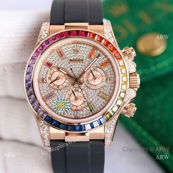 Swiss 7750 Rolex Rainbow Daytona Rose Gold Diamond Dial Rubber Strap Watch 40mm
