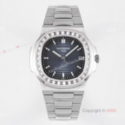 (PPF) V4 Version  Best Replica Patek Philippe Nautilus Stainless Steel Dark Blue Dial Diamond Watches