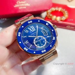New! Replica Cartier Calibre de Quartz Watches Rose Gold Blue Bezel