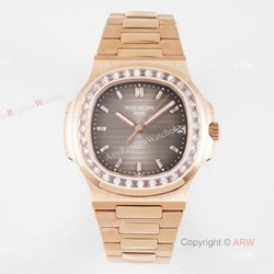 (PPF) V4 Version  Swiss Replica Rose Gold Patek Philippe Nautilus Diamond Watches With Gray Dial