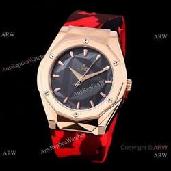 New Replica Hublot Sang Bleu Watch Red Camouflage Strap Rose Gold