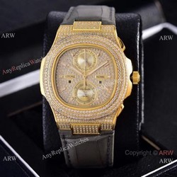 Copy Patek Philippe Nautilus Chrono Watches Full Diamonds Leather Strap