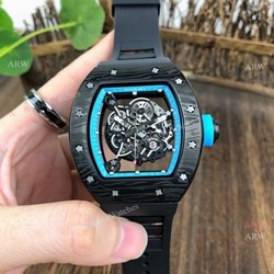 Copy Richard Mille Rm 055 Black With Blue Inner Bezel Transparent Rubber Strap Watch
