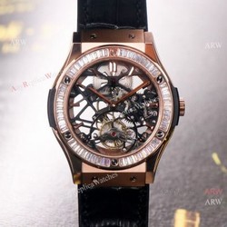 42mm Hublot Rose Gold Classic Fusion Skeleton Tourbillon Diamond Watch Replica