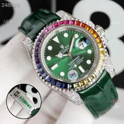 New Rolex Rainbow Submariner Green Dial Green Leather Strap High Copy Swiss Made