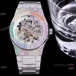 Replica Silver Hublot Skeleton Rainbow Watch 45mm for men
