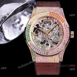 Replica Skeleton Hublot Rainbow Watch Rose Gold 45mm With Brown Leather Strap