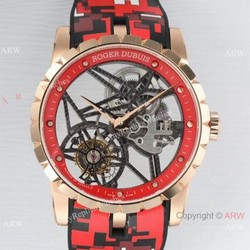 2021 New! BBR Factory 1:1 Copy Roger Dubuis Excalibur Skeleton Flying Tourbillon Watch Rose Gold Skeleton Dial