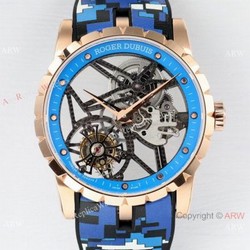 2021 New! BBR Factory Roger Dubuis Excalibur Skeleton Flying Tourbillon Watch Rose Gold Blue Rubber Strap