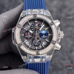 2021 Replica Hublot Big Bang Unico Sapphire Watch Diamond Bezel Blue Rubber Strap