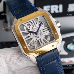 (TW )Best Replica Mens Santos De Cartier Skeleton Two Tone Watch With Blue Leather Strap