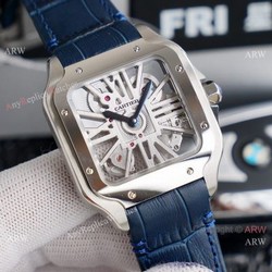 (TW ) Best Skeleton Santos De Cartier Stainless Steel Copy Watch With Blue Leather Band