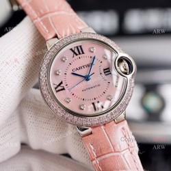 New Cartier Ballon Bleu 33mm With Diamonds Bezel Pink MOP Dial Pink Leather Strap Copy Watch