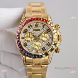 2021 NEW! Swiss Rolex Daytona JH 7750 Watch Rainbow Bezel Arabic Diamond Dial Yellow Gold