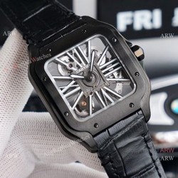 (TW ) Skeleton Santos De Cartier In All Black Leather Strap Watch High End Replica For Men