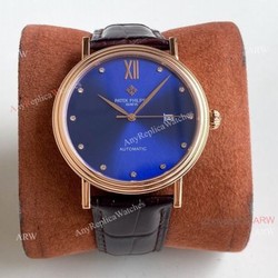 Swiss Replica Patek Philippe Calatrava Classic Watch Blue Face Brown Leather Strap For Men