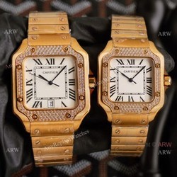 Swiss Quartz Cartier Santos Gold Copy Watch With Diamonds White Dial With Roman Markers