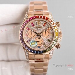 2021 NEW! Swiss Copy Rolex Daytona JH 7750 Watch Rainbow Rose Gold Full Diamond Dial