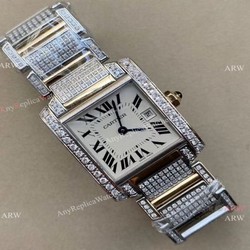 Iced Out Cartier Tank Francaise Stainless Steel Watch Large Size