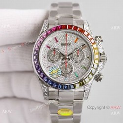 2021 NEW! JH Swiss Rolex Daytona 7750 Watch Rainbow Stainless Steel Full Diamond Face
