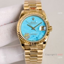 2021 NEW! Swiss Replica Rolex Oyster Perpetual Datejust 36mm Turquoise Dial Yellow Gold Watch