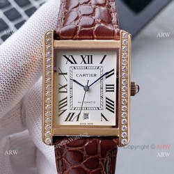 High Quality Replica Rose Gold Cartier Tank Automatic Watch With Diamond Bezel