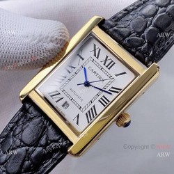 Yellow Gold Cartier Tank Automatic Copy Watch In Black Leather Strap White Dial