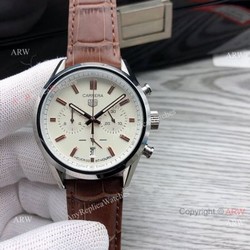 Quartz Tag Heuer Carrera White Dial Brown Leather Strap Knockoff Watches 40mm