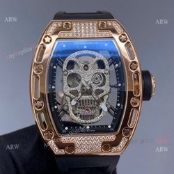 High Quality Rose Gold Richard Mille Skull Watch With Diamonds Black Rubber Strap Replica