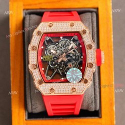 (RM Factory) Knockoff Diamond Richard Mille RM35 01 Rose Gold Watch Red Rubber Band