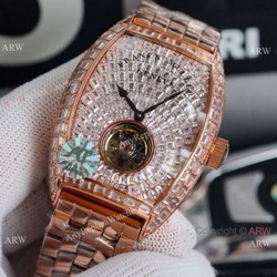 Clone Franck Muller Cintree Curvex Flying Tourbillon Watch 43mm Iced Out Rose Gold