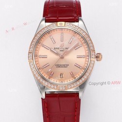 2021 Copy Breitling Chronomat 36 Rose Gold Watch With Red Leather Strap