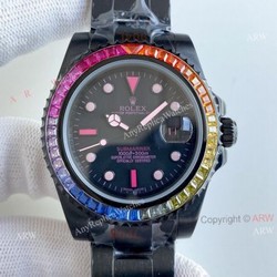 Replica Blaken Rolex Submariner Pink Markers Watch 40mm Rainbow Diamond Bezel Swiss Made