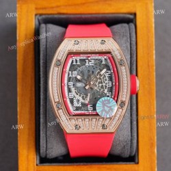 (RM Factory) Knockoff Richard Mille Rm010 Rose Gold Skeleton Watch Red Rubber Strap
