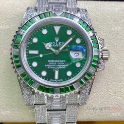 Swiss Replica Rolex Iced Out Submariner Watch 904L Stainless Steel Green Diamond Bezel