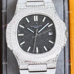 Swiss Grade One Patek Philippe Iced Out Nautilus 9015 Watch BlackSilver Diamond