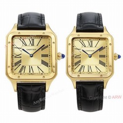 TWF Yellow Gold Cartier Santos-Dumont Gold Face Black Leather Strap Copy Watch For Men And Women