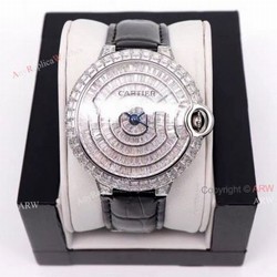 Iced Out Cartier Ballon Bleu 42mm Black Leather Strap Watch Replica