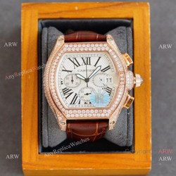 Iced Out Cartier Roadster Replica Watch Rosse Gold White Chronograph Dial