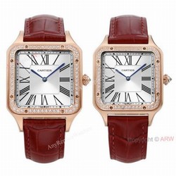 New Faux Cartier Santos-Dumont Rose Gold Couple Watch With Diamonds Bezel Brown Leather Band