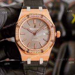 High End Replica Audemars Piguet Royal Oak Rose Gold Grey Dial Automatic Watch With Diamonds Black Leather Strap